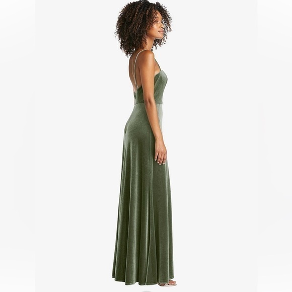 Lovely Womens Sage Green Velvet A-line High Slit Gown Size 4 - Picture 15 of 16
